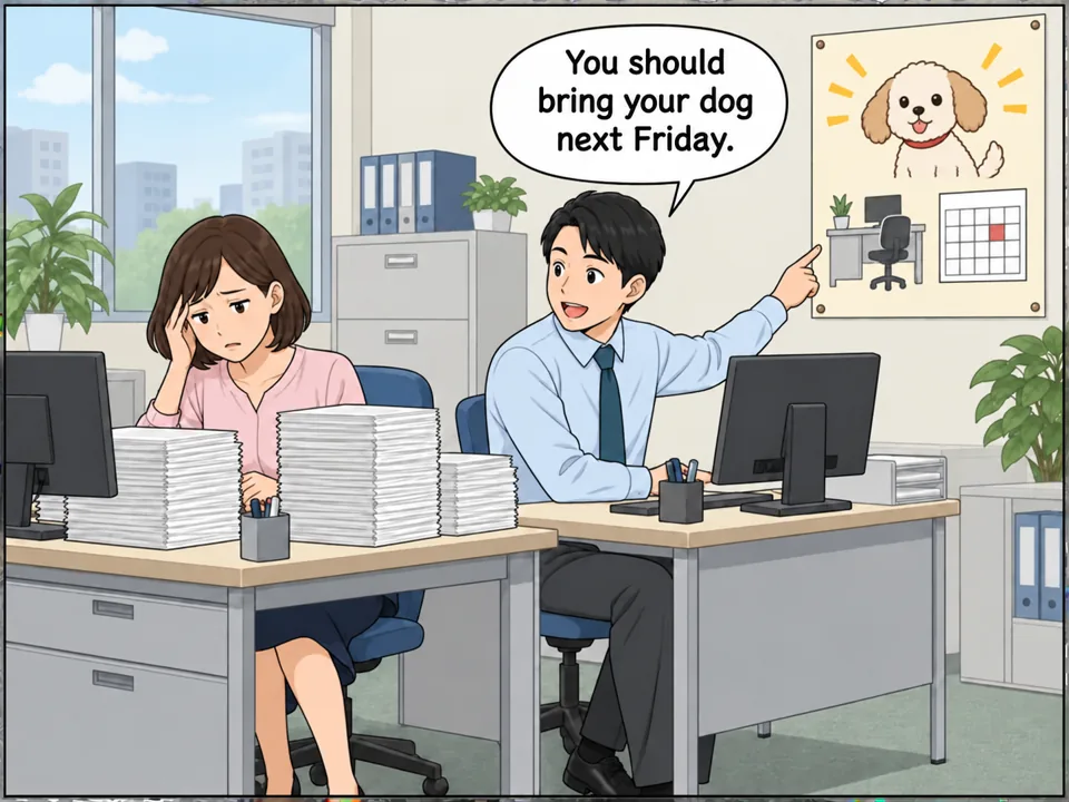 オフィス。森さん(若い女性社員)が書類の山を前に、疲れた顔で頭を押さえている。隣の席の男性社員が、壁の「Bring Your Dog to Work Day — Next Friday」のポスターを指さしている。 吹き出し:You should bring your dog next Friday.