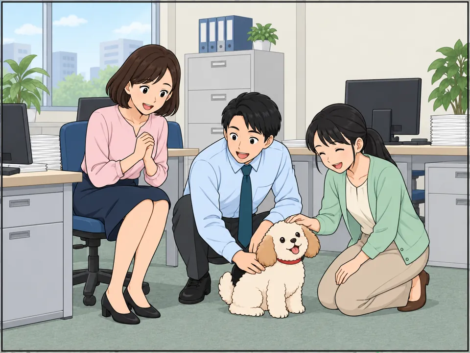 オフィス。森さんの足元に小型犬がいて、同僚たちが集まって犬をなでながら笑っている。