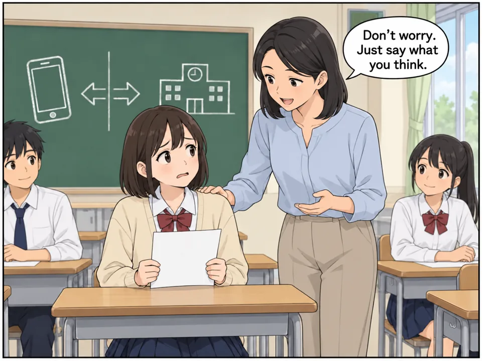教室。黒板に「Debate: Should students use smartphones at school?」と書かれている。ユイ(高校生)がメモを持って不安そうな顔をしている。先生がユイの肩に手を置いて声をかけている。 吹き出し:Don't worry. Just say what you think.