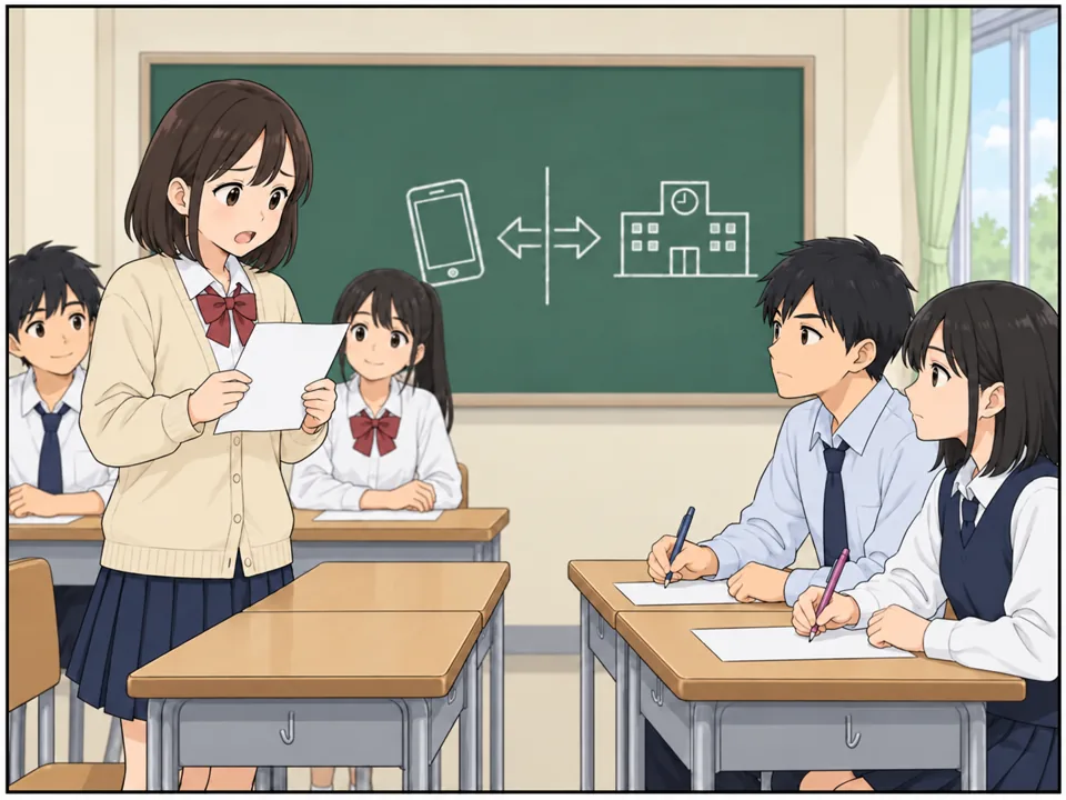 教室。ユイが立ち上がって、メモを見ながら意見を言っている。向かいのチームの生徒たちが真剣に聞いてメモを取っている。