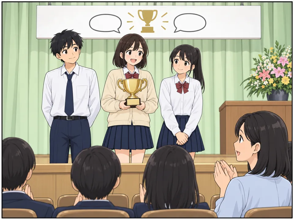 市のホール。「City Debate Contest」の横断幕。ユイが笑顔でトロフィーを持ち、チームメイトと並んでいる。客席で先生が拍手している。