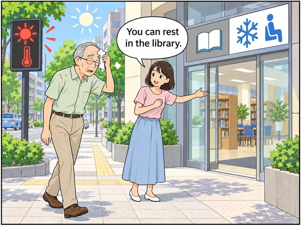 真夏の歩道。高齢の中村さんが汗をふきながら歩いている。電光掲示板に「Heatstroke Alert 37℃」。近くの図書館の入り口に「Cooling Shelter」の看板があり、通りかかった若い女性がその図書館を指さしている。 吹き出し：You can rest in the library.