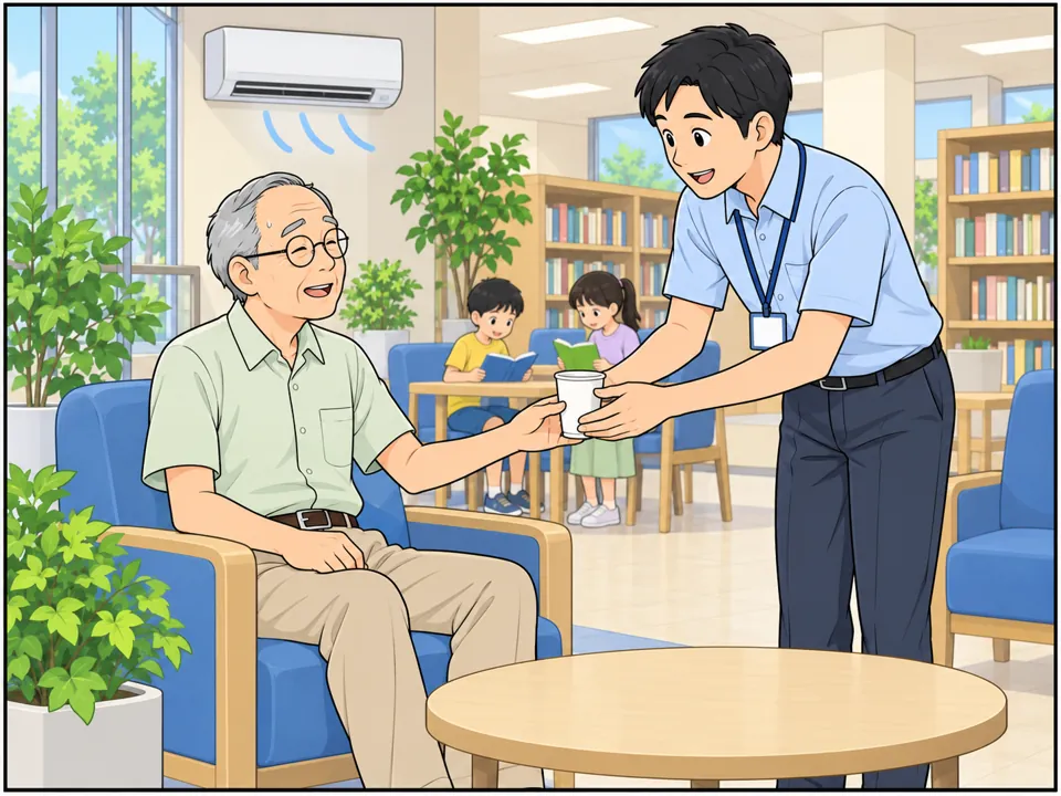 図書館の中の涼しいロビー。中村さんがいすに座り、市の職員から紙コップの水を受け取っている。周りでは子どもたちが本を読んでいる。