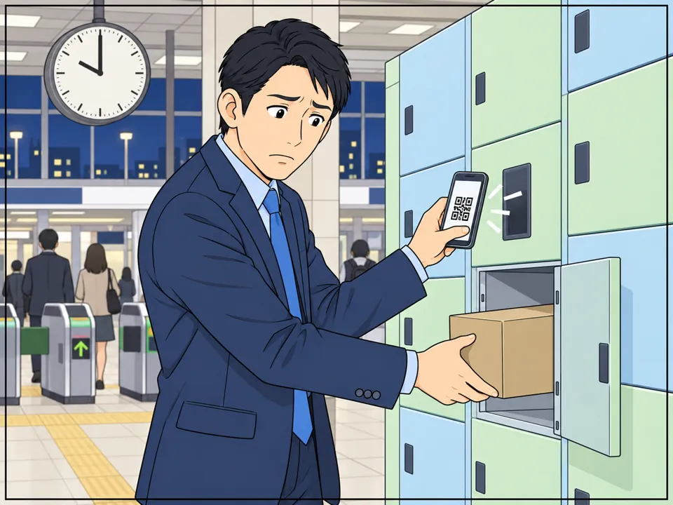 夜の駅。仕事帰りのスーツ姿の佐藤さん(夫)が、スマートフォンの画面のコードを宅配ロッカーにかざして、箱を取り出している。駅の時計は夜の10時。
