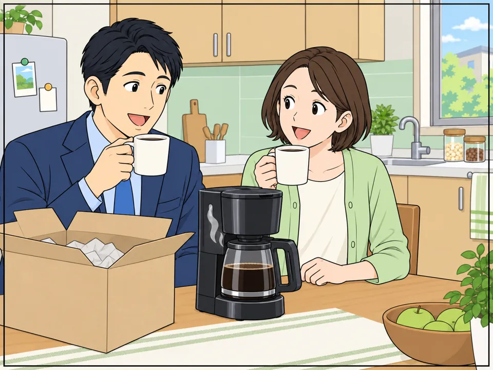 佐藤家の台所。夫婦が箱から出した新しいコーヒーメーカーでコーヒーをいれ、笑顔で飲んでいる。
