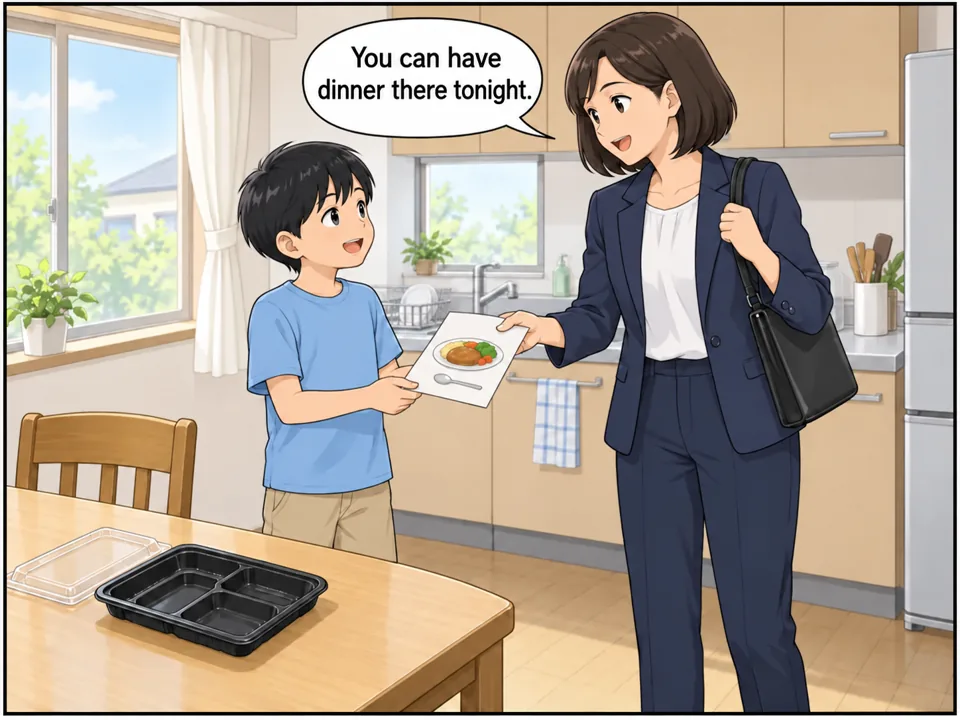 朝の台所。スーツ姿の母親が出かける前に、小学生のリクに「Children's Cafeteria — Every Wednesday」のチラシを渡している。テーブルの上にはコンビニ弁当の空き容器。 吹き出し:You can have dinner there tonight.