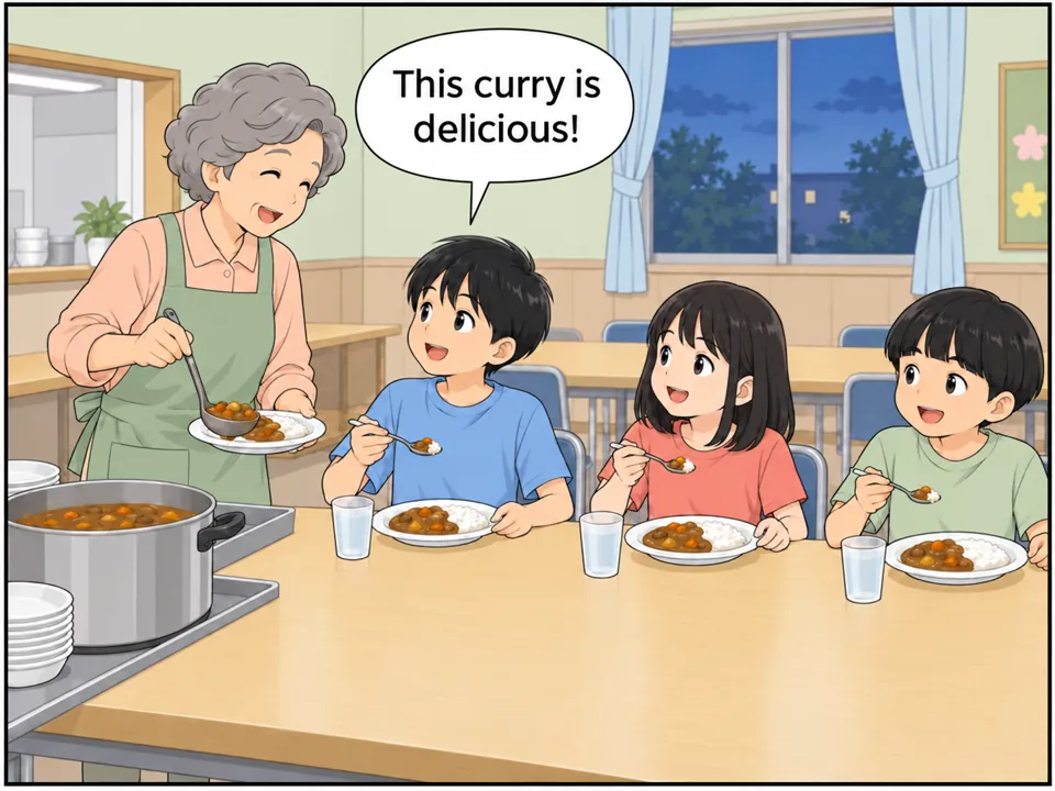 公民館の食堂。エプロン姿の高齢のボランティアがカレーを配っていて、リクがほかの子どもたちと長いテーブルで食べている。 吹き出し：This curry is delicious!