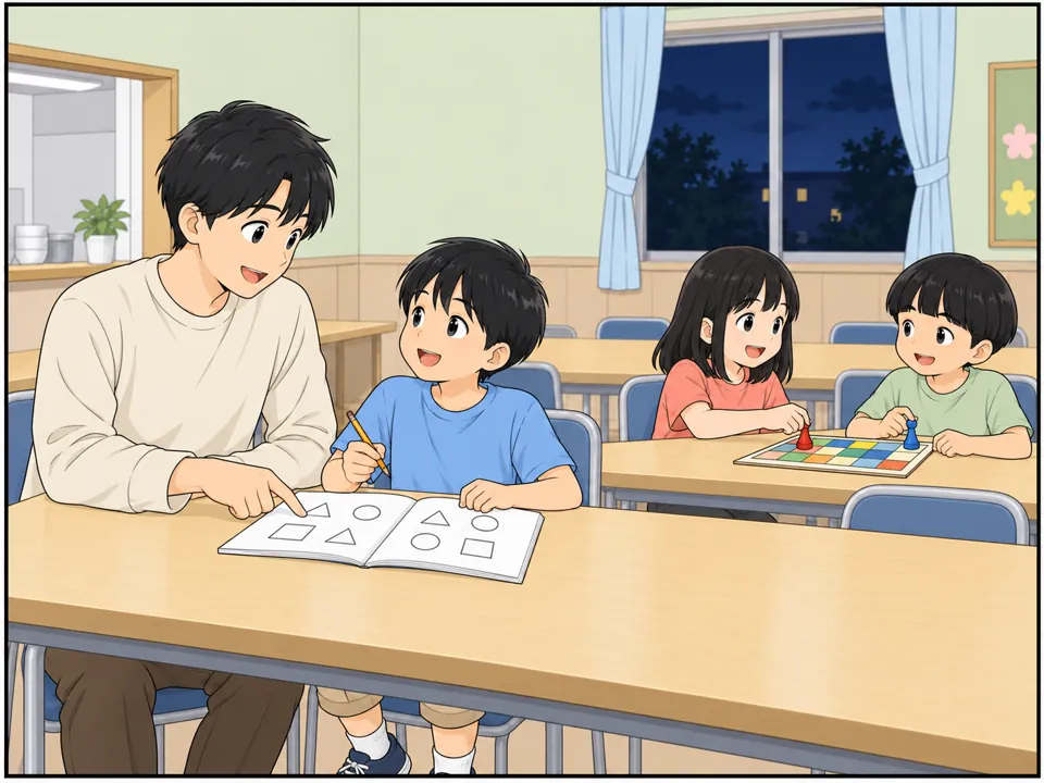 同じ部屋。リクが大学生のボランティアに宿題を教わっている。そばでは別の子どもたちがボードゲームをしている。窓の外は暗い。