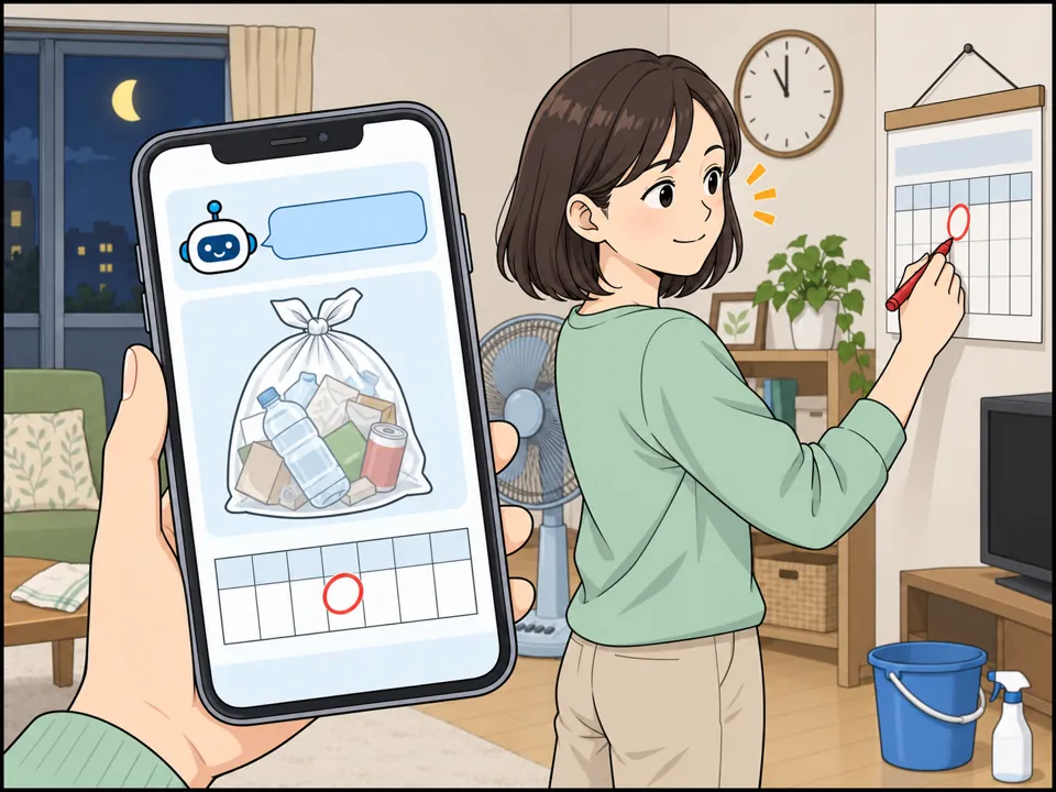 スマートフォンの画面のアップ。AIの返事に、ごみの出し方の説明と「Thursday」の文字、ごみ袋のイラスト。小川さんがうなずきながらカレンダーに印をつけている。