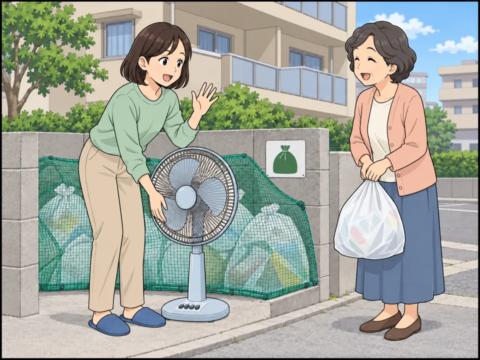 アパートのごみ置き場。小川さんが扇風機を出していて、近所の人に笑顔であいさつしている。