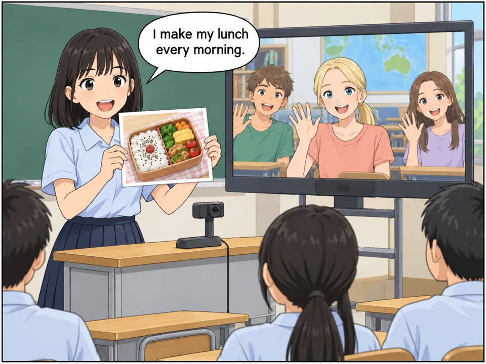 教室。大きなスクリーンにオーストラリアの学校の生徒たちが映っていて、手を振っている。ハルカがカメラに向かって、自分のお弁当の写真を見せている。 吹き出し:I make my lunch every morning.