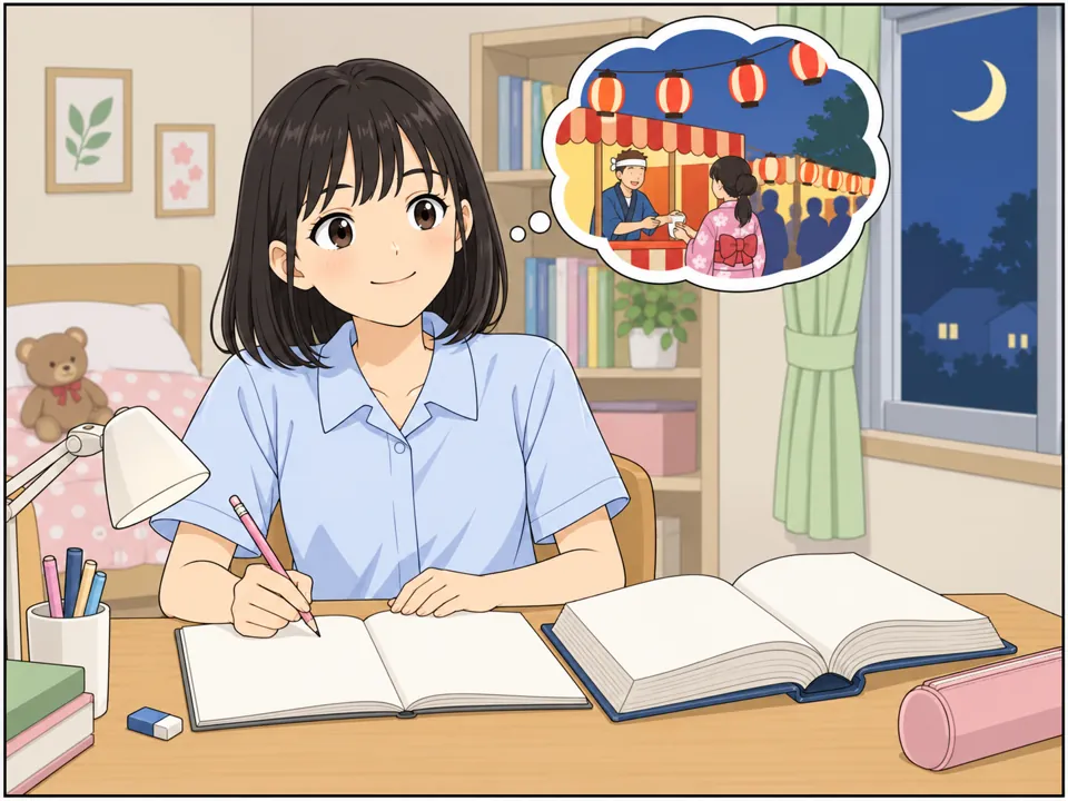 ハルカの部屋。ハルカが辞書とノートを広げて、次の授業のためのスピーチ原稿「Japanese Festivals」を英語で書いている。