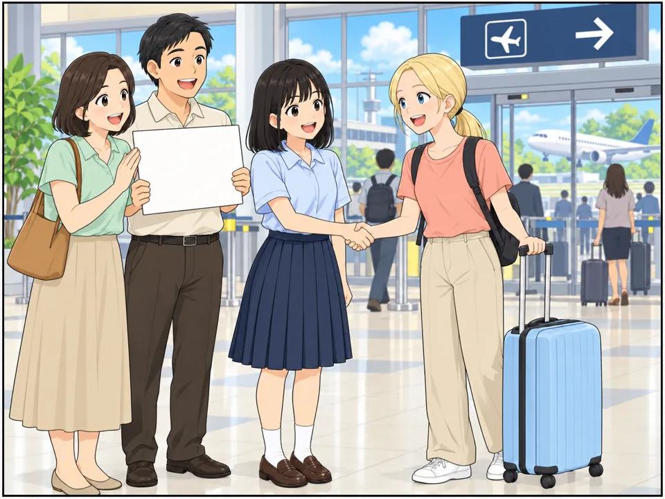 空港の到着ロビー。ハルカと家族が「Welcome, Emma!」と書いた紙を持って、スーツケースを引いたオーストラリアの女の子を迎えている。ハルカと女の子は笑顔で手を取り合っている。