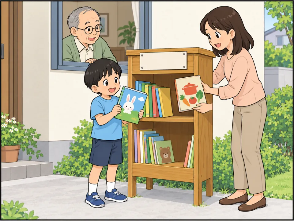 本棚の前。小学生の男の子が絵本を手に取って喜んでいる。いっしょにいる母親は、料理の本を棚に置いている。窓から石井さんがにこにこ見ている。