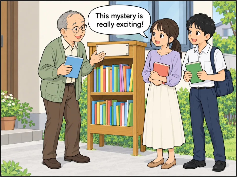 本がいっぱいになった本棚の前。石井さんが近所の若い女性や高校生と、本を手に楽しそうに話している。 吹き出し：This mystery is really exciting!
