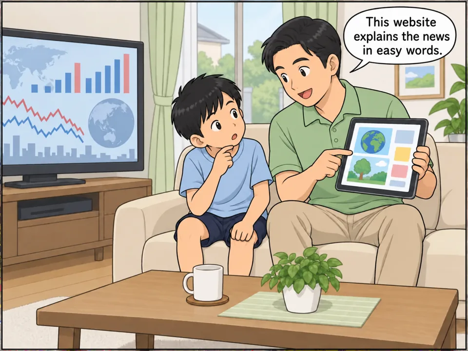 木村家のリビング。テレビで難しそうなグラフのニュースが流れていて、小学生のソウタが首をかしげている。父親がタブレットで子ども向けニュースサイト「Kids News」を開いて見せている。 吹き出し：This website explains the news in easy words.