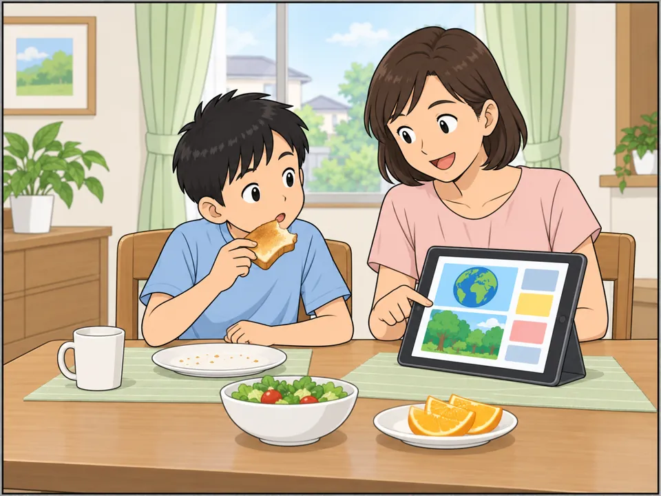 朝の食卓。ソウタがトーストを食べながら、タブレットで「Kids News」を読んでいる。画面には地球と森のイラスト。そばで母親がほほえんでいる。