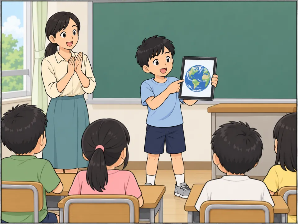 小学校の教室。ソウタが前に立ち、タブレットの地球の写真を見せながらクラスメートに発表している。先生が拍手している。