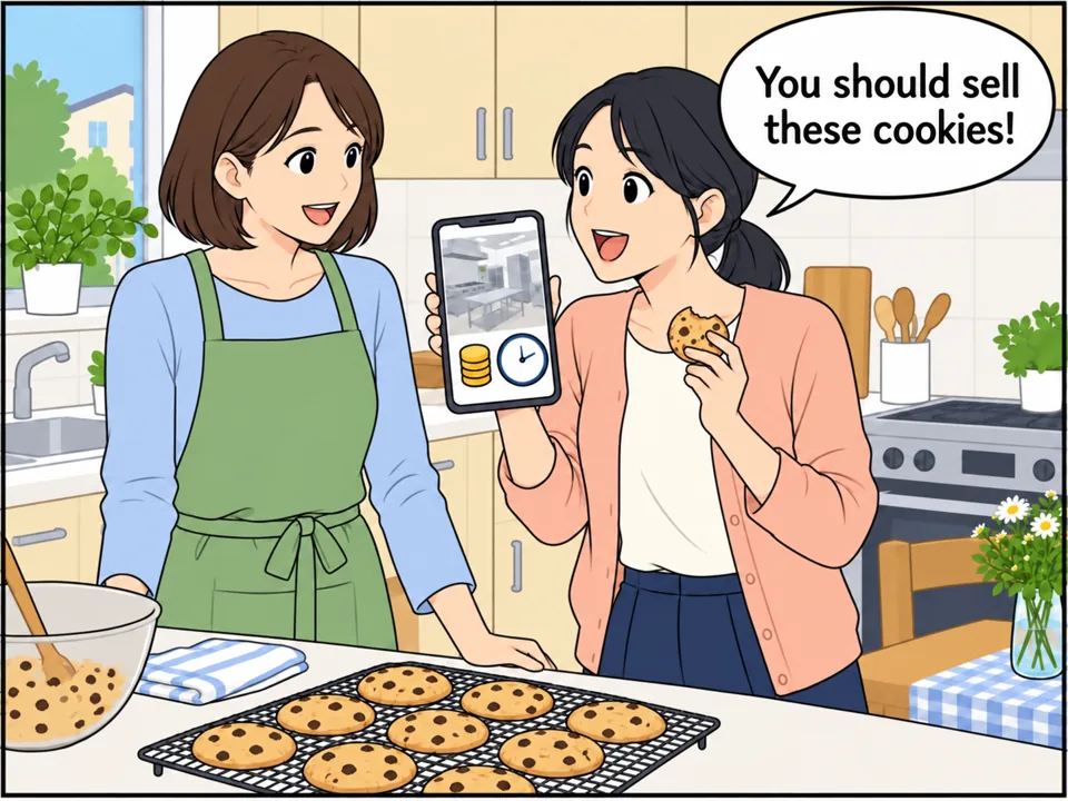 山田さんの家の台所。焼きたてのクッキーを食べた友人が目を丸くしている。友人がスマートフォンで「Shared Kitchen — 1,000 yen per hour」のサイトを山田さんに見せている。 吹き出し:You should sell these cookies!