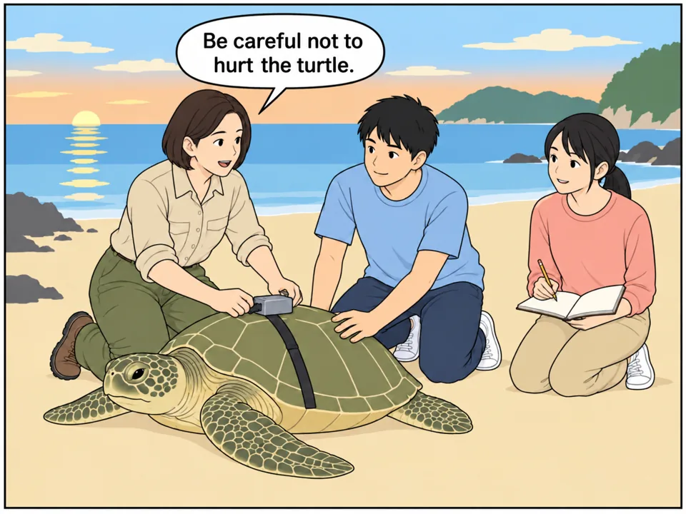夜明けの砂浜。研究者の近藤先生(女性)と大学生2人が、ウミガメの甲羅に小さな機械を取り付けている。学生の1人がノートに記録している。 吹き出し:Be careful not to hurt the turtle.