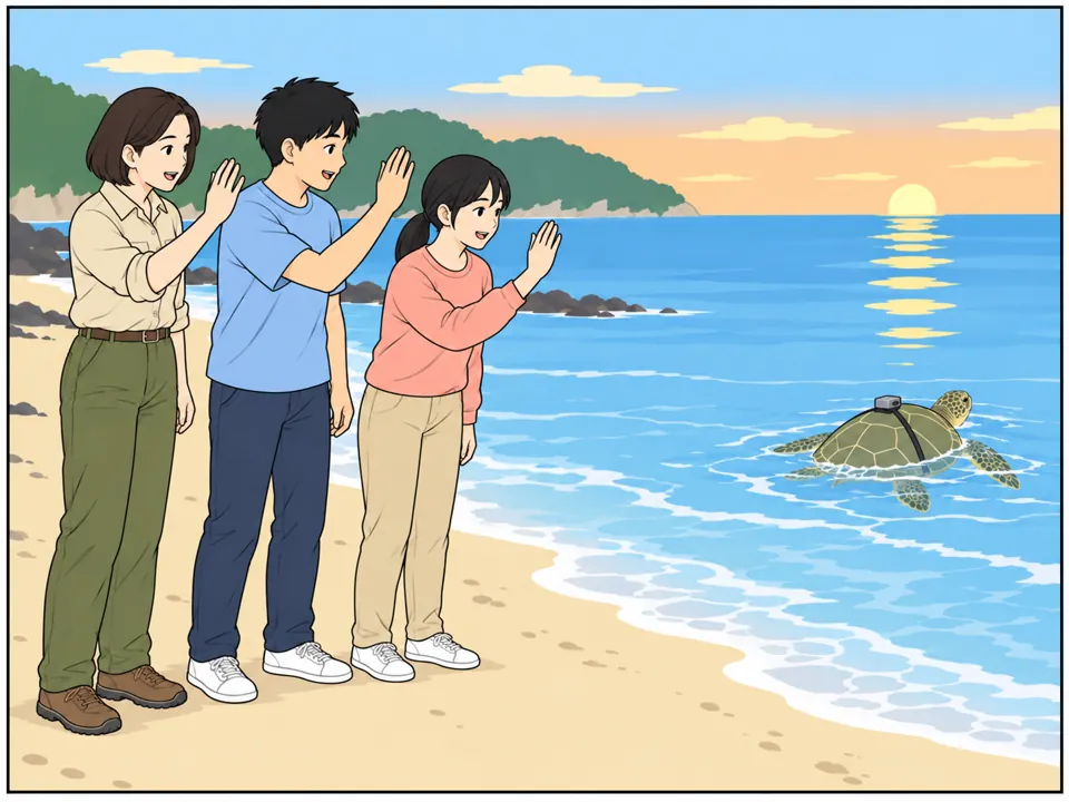 波打ち際。ウミガメが海に向かって泳いでいき、近藤先生と学生たちが手を振って見送っている。