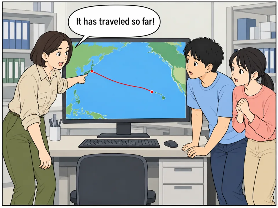 大学の研究室。大きなモニターに太平洋の地図が映り、日本からハワイの近くまで赤い線（ウミガメの移動ルート）がのびている。近藤先生と学生たちが驚いた顔で画面を見ている。 吹き出し：It has traveled so far!