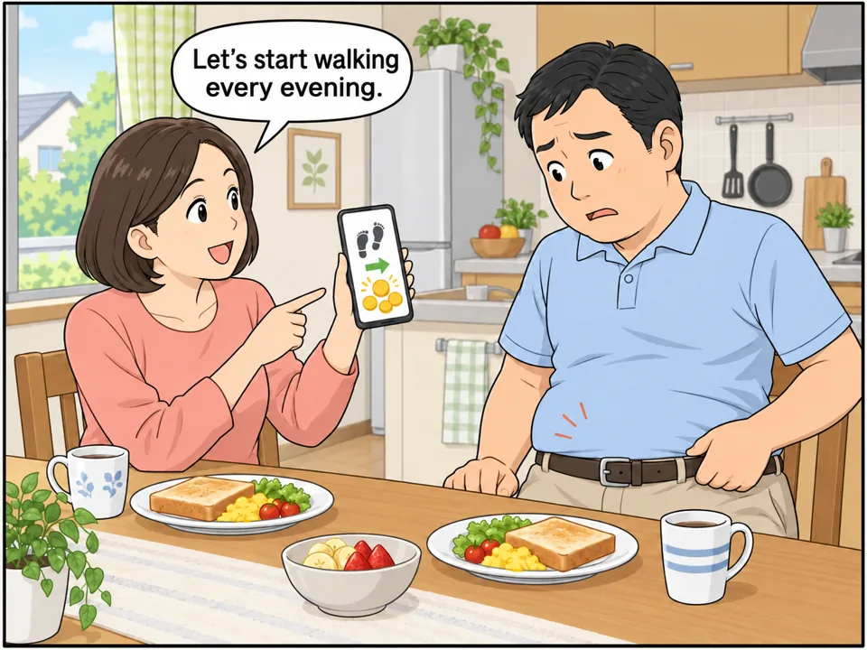 高橋家の朝の食卓。高橋さん(妻)がスマートフォンで町の「Walking Points」アプリを夫に見せている。画面には「8,000 steps = 100 points」。少しお腹の出た夫が、ズボンのベルトを気にしている。 吹き出し:Let's start walking every evening.