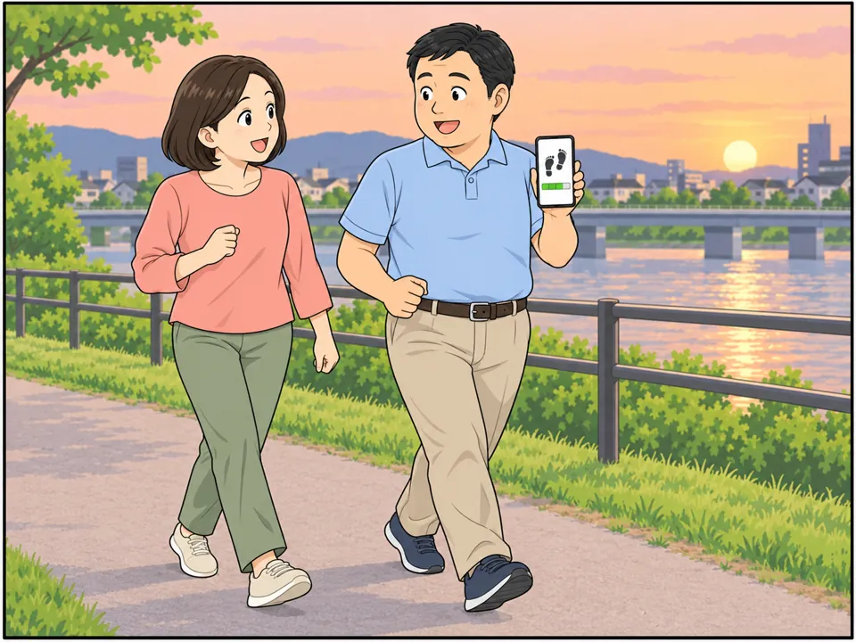 夕方の川沿いの道。高橋さん夫婦が並んでウォーキングしている。夫のスマートフォンの画面に「8,520 steps」と表示されている。