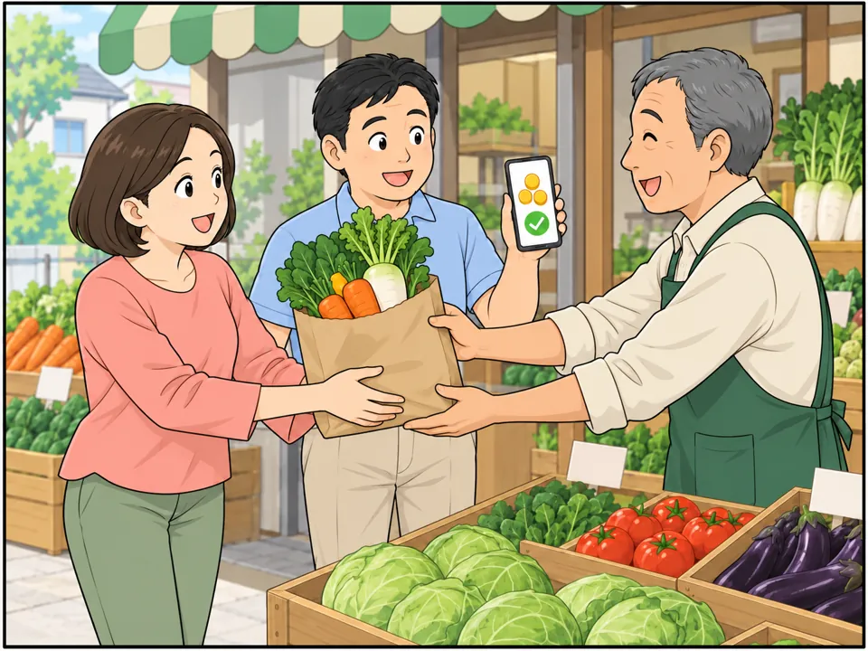 地元の八百屋。高橋さん夫婦がスマートフォンのポイント画面を店主に見せて、野菜を受け取っている。夫は前より少しすっきりした体つきになっている。