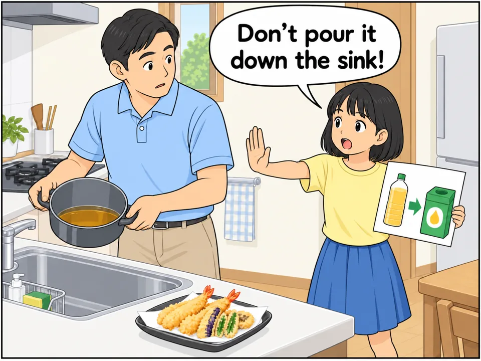 藤田家の台所。天ぷらを揚げ終わった鍋に油が残っている。父親が油を流しに捨てようとしていて、娘のアヤがスーパーの「Used Cooking Oil Collection」のチラシを見せながら止めている。 吹き出し:Don't pour it down the sink!