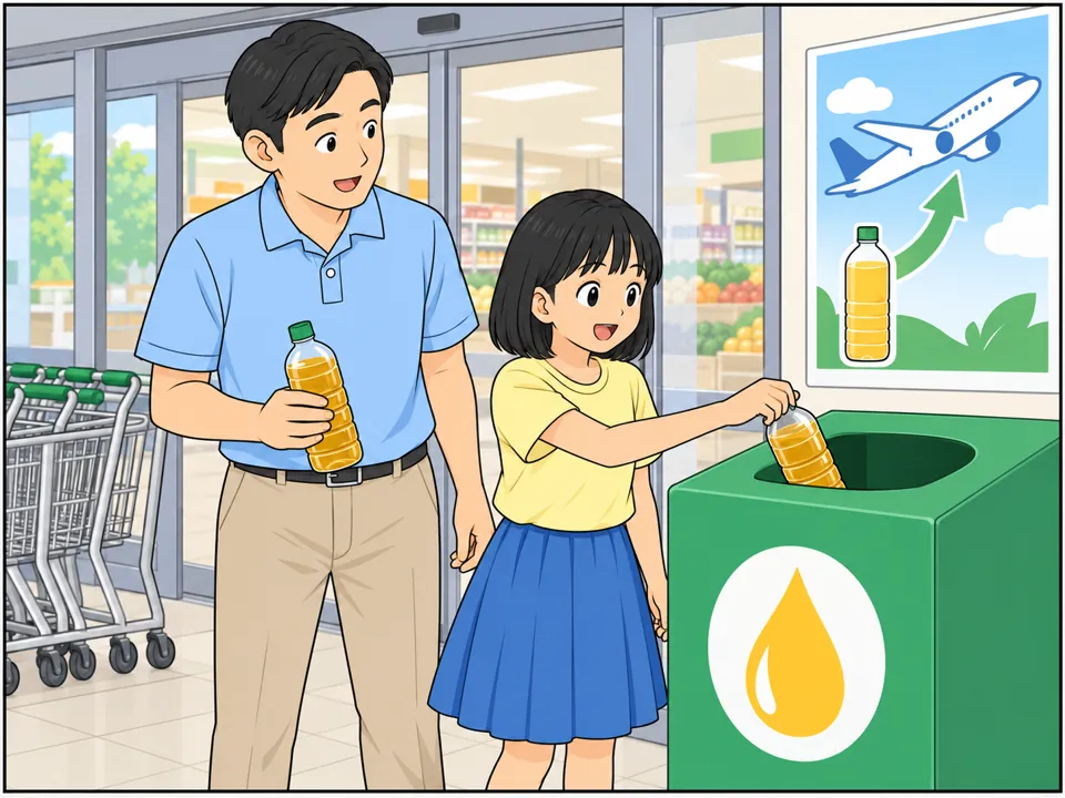 スーパーの入り口。アヤと父親が、ペットボトルに入れた油を「Used Oil」と書かれた回収ボックスに入れている。ボックスの横には、飛行機のイラストのポスター。