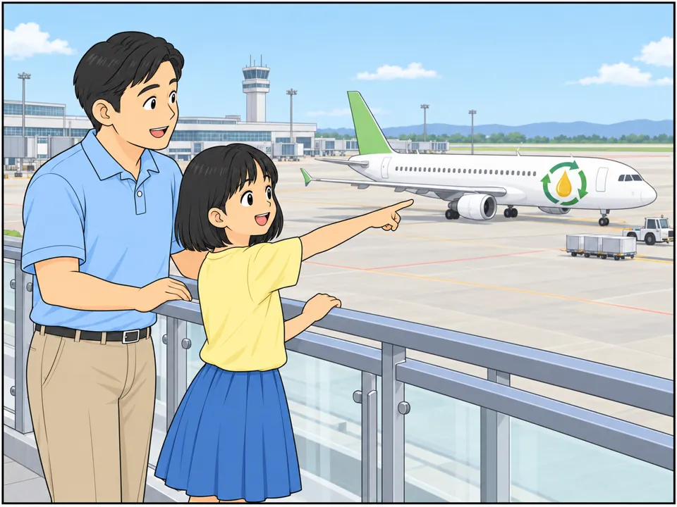空港の展望デッキ。藤田さん親子が飛行機を見ている。機体には「Flying with Recycled Oil」の文字。アヤが飛行機を指さして笑顔。