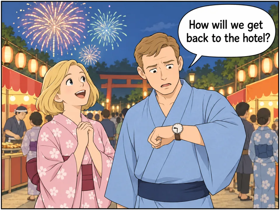 夏祭りの夜。屋台とちょうちんが並ぶ通りで、浴衣を着た外国人観光客のブラウン夫妻が花火を見上げている。夫が腕時計（9:30）を見て心配そうな顔をしている。 吹き出し：How will we get back to the hotel?
