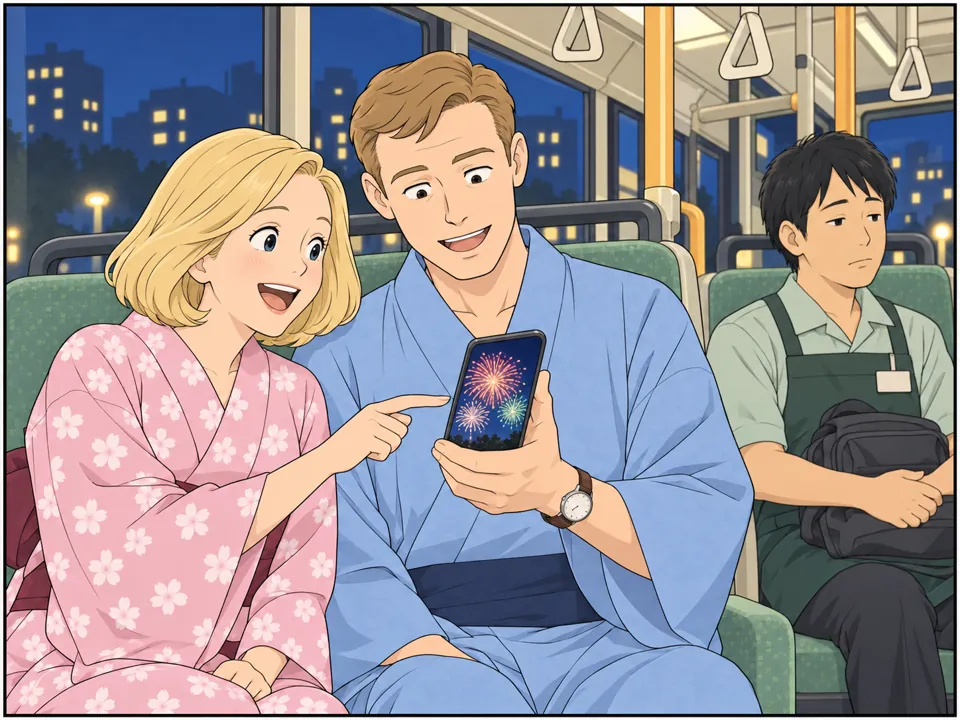 夜のバスの車内。ブラウン夫妻が座席でスマートフォンの花火の写真を見て笑っている。近くの席には、仕事帰りの制服姿の店員も座っている。