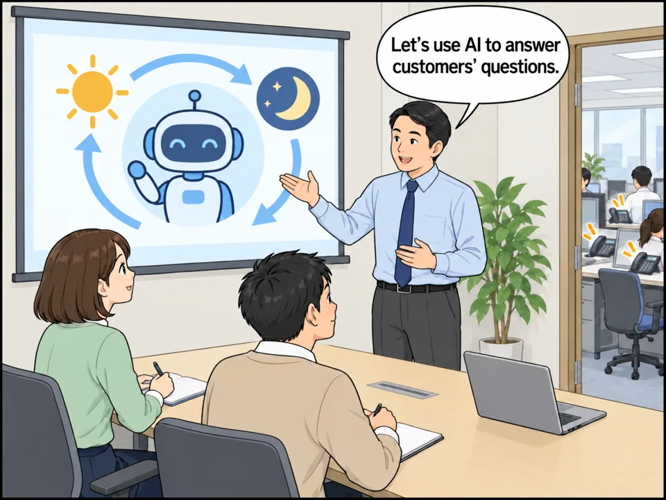 通販会社の会議室。男性マネージャーが、ロボットのイラストと「24-hour AI support」と書かれたスライドを指さして部下たちに説明している。後ろでは電話が鳴りっぱなしの机が見える。 吹き出し：Let's use AI to answer customers' questions.