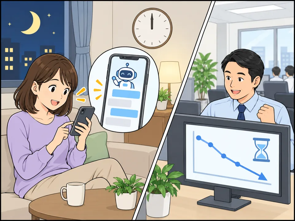 会社のウェブサイトにAIチャットの画面。夜中（時計は午前0時）に自宅の女性がスマホで質問し、すぐに返事が来て笑顔。会社ではマネージャーが「待ち時間」が大きく下がったグラフを見て満足している。