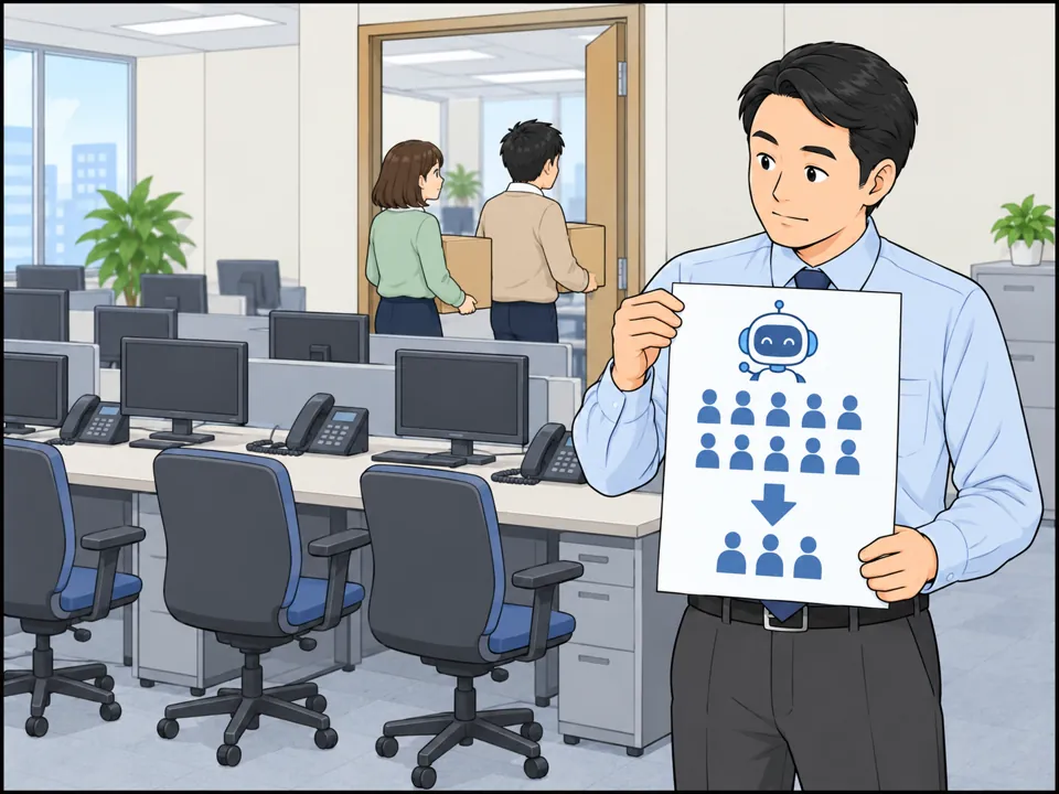 マネージャーが「Phone staff: 10 → 3」と書かれた書類を手にしている。電話担当の席の多くが空になり、社員が段ボール箱を持って別の部署へ移っていく。オフィスは静か。
