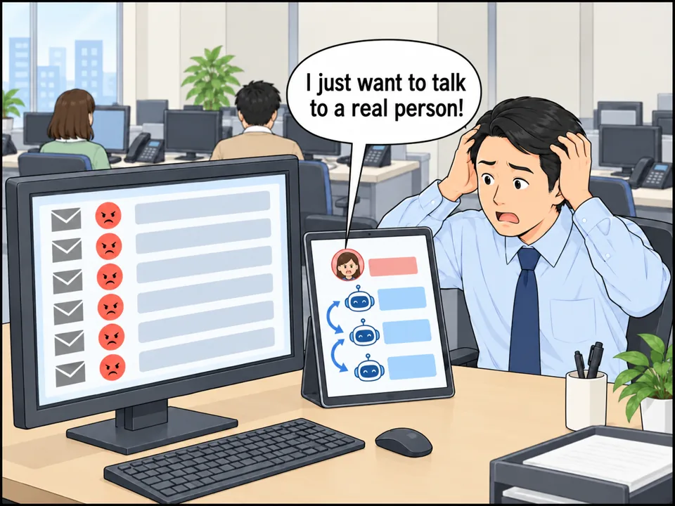 マネージャーのパソコンに客からの苦情メールがずらり。SNSには「The AI keeps giving the same answer!」の書き込み。マネージャーは頭を抱えて困った表情。 吹き出し:I just want to talk to a real person!