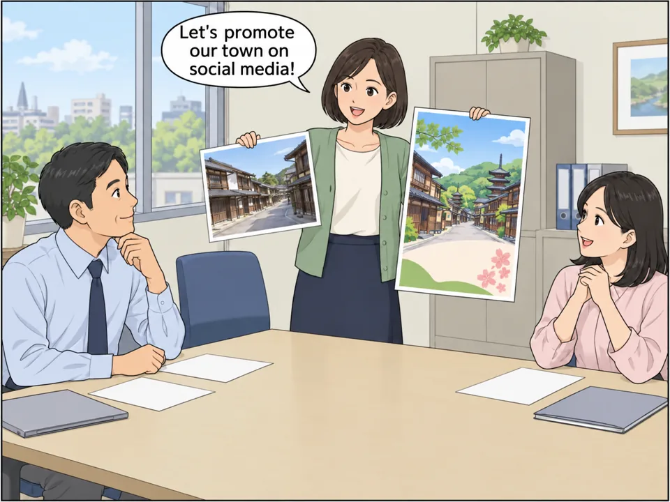 町役場の会議。女性職員が、古い町並みの写真と「Visit Our Town!」と書かれたポスター案を同僚たちに見せている。同僚たちはうなずいている。 吹き出し:Let's promote our town on social media!