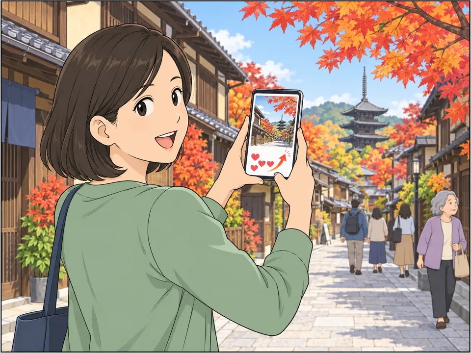 女性が古い町並みや紅葉をスマホで撮影している。スマホの画面には投稿した写真と、どんどん増える「いいね」の数。
