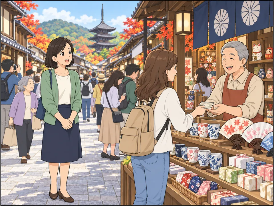 町に観光客が大勢やって来ている。土産物店はにぎわい、店主が笑顔でお金を受け取っている。女性もそれを見てうれしそう。