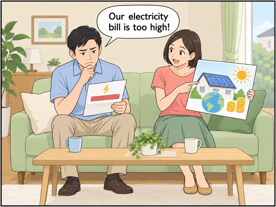 リビングで夫が電気代の請求書を見て顔をしかめている。妻が「Solar Panels — Save Money and the Planet!」と書かれた広告を見せている。 吹き出し：Our electricity bill is too high!