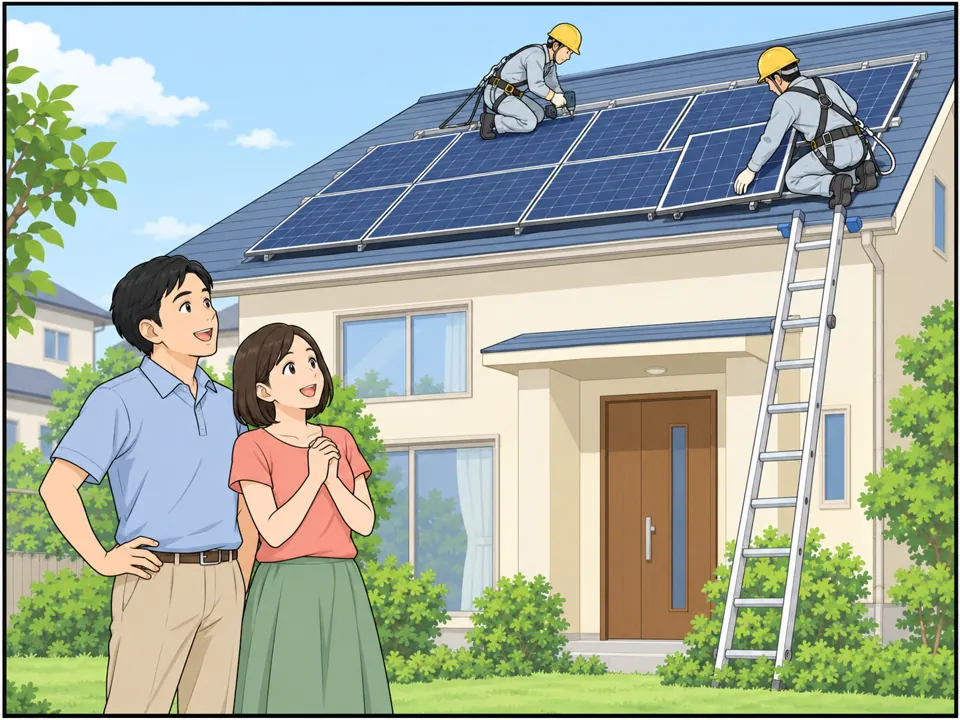 作業員たちが夫婦の家の屋根にソーラーパネルを取り付けている。夫婦は庭からそれを見上げて笑顔。