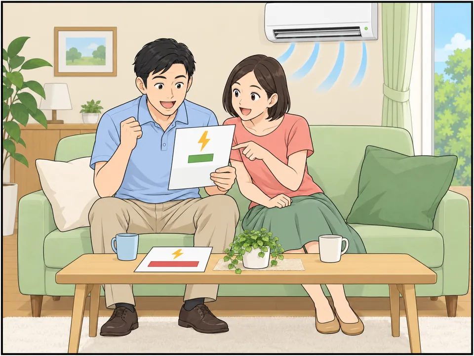 夫婦が電気代の請求書を見て喜んでいる。金額は前よりずっと安い。部屋ではエアコンがついている。