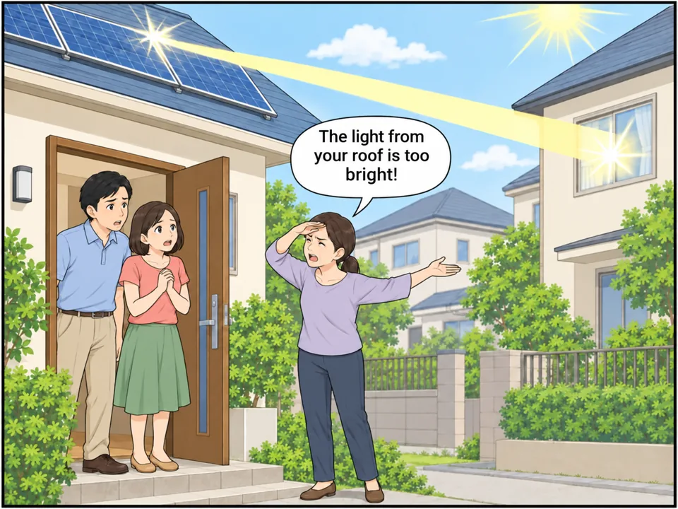 隣の家の女性が、まぶしそうに目を手で覆いながら夫婦の玄関に来ている。屋根のパネルに反射した日光が隣の家の窓に差し込んでいる。夫婦は驚いて困った顔。 吹き出し:The light from your roof is too bright!