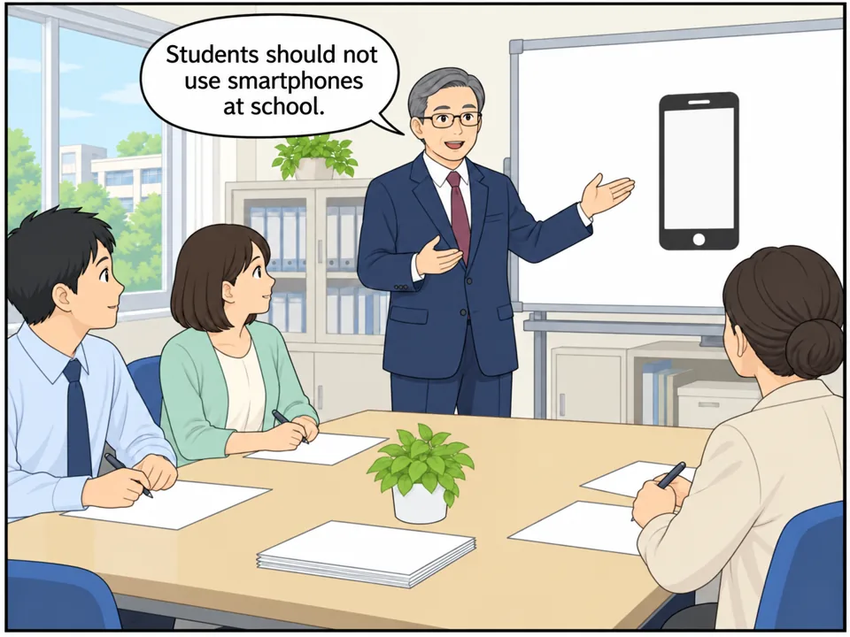 高校の職員会議。ホワイトボードに「Smartphones at school?」と書かれている。男性の校長が先生たちに話し、先生たちはうなずいている。 吹き出し：Students should not use smartphones at school.