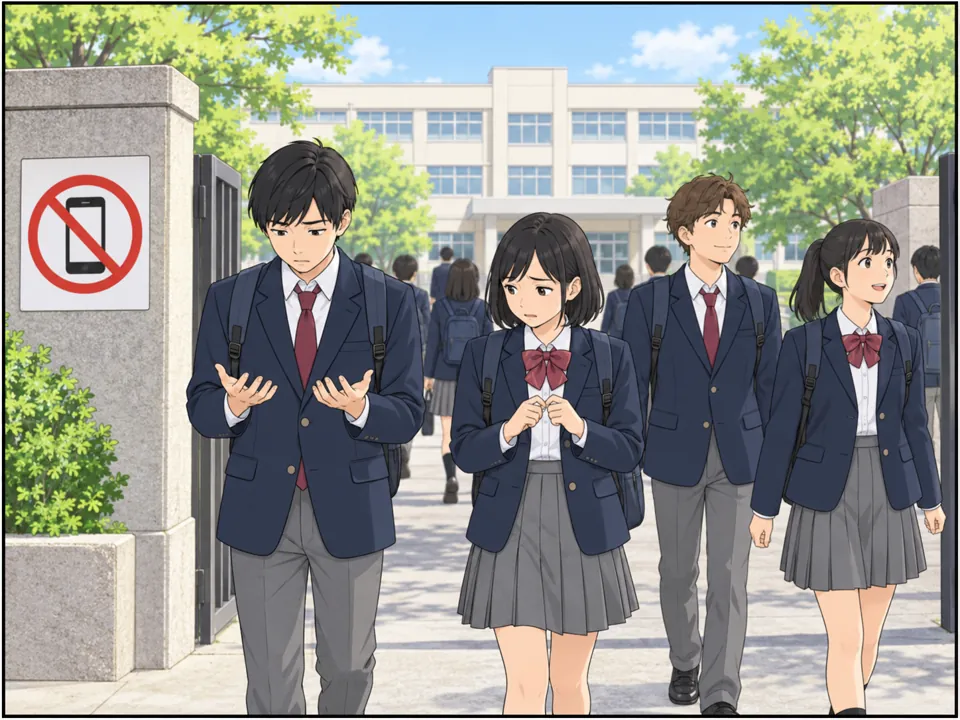 朝の校門。生徒たちがスマホを持たずに登校している。何人かは手持ちぶさたで落ち着かない様子。門の横に「No Smartphones」の掲示。
