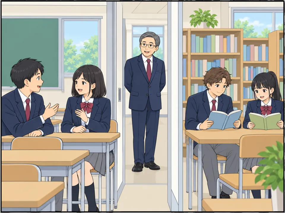 休み時間の教室と図書室。生徒たちが顔を合わせて楽しそうにおしゃべりしたり、本を読んだりしている。校長が廊下から見て笑顔。