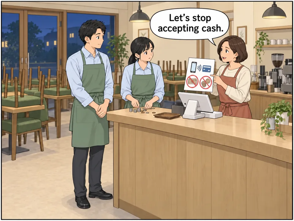 閉店後のカフェ。女性オーナーが、レジの横で小銭を数えているスタッフに「Cashless Only」と書かれた看板の見本を見せている。 吹き出し：Let's stop accepting cash.