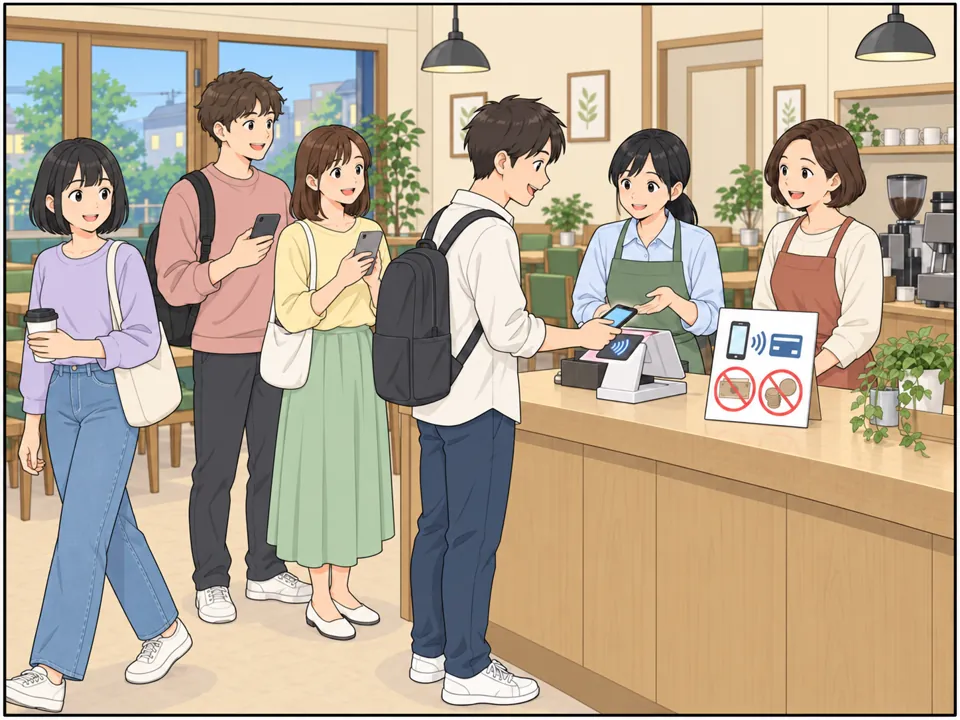 レジに「Cashless Payments Only」の看板。若い客たちがスマホをかざして次々に支払い、列はすぐに進んでいる。